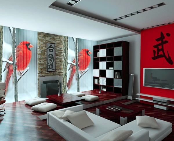 Интерьер с вертикальными жалюзи с рисунком