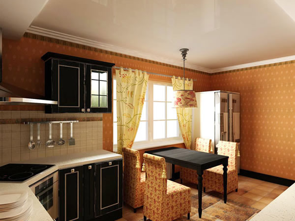 Натяжной потолок на кухне деревянного дома